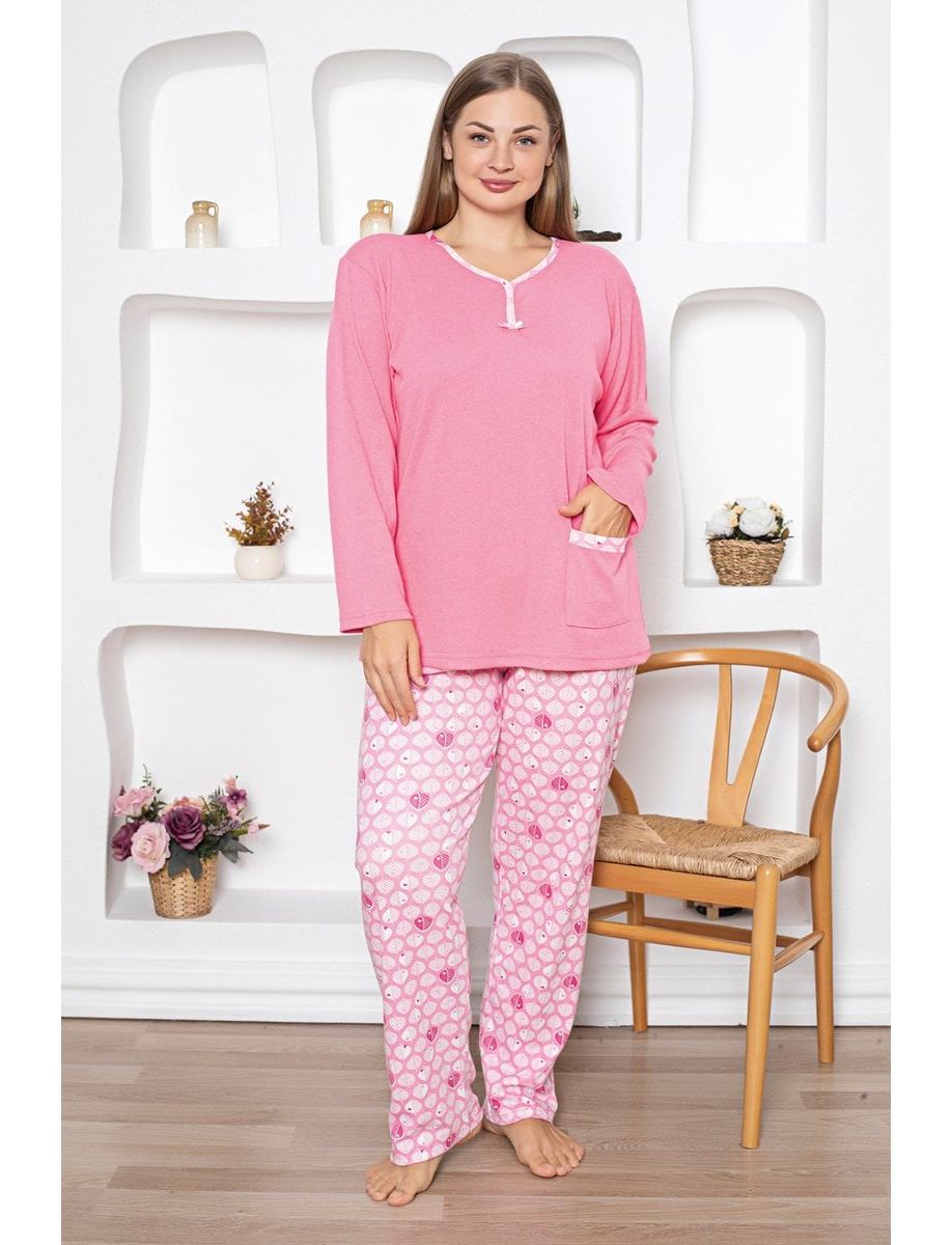 Pijama lunga, Berfin Interlok, cu model la gat, roz