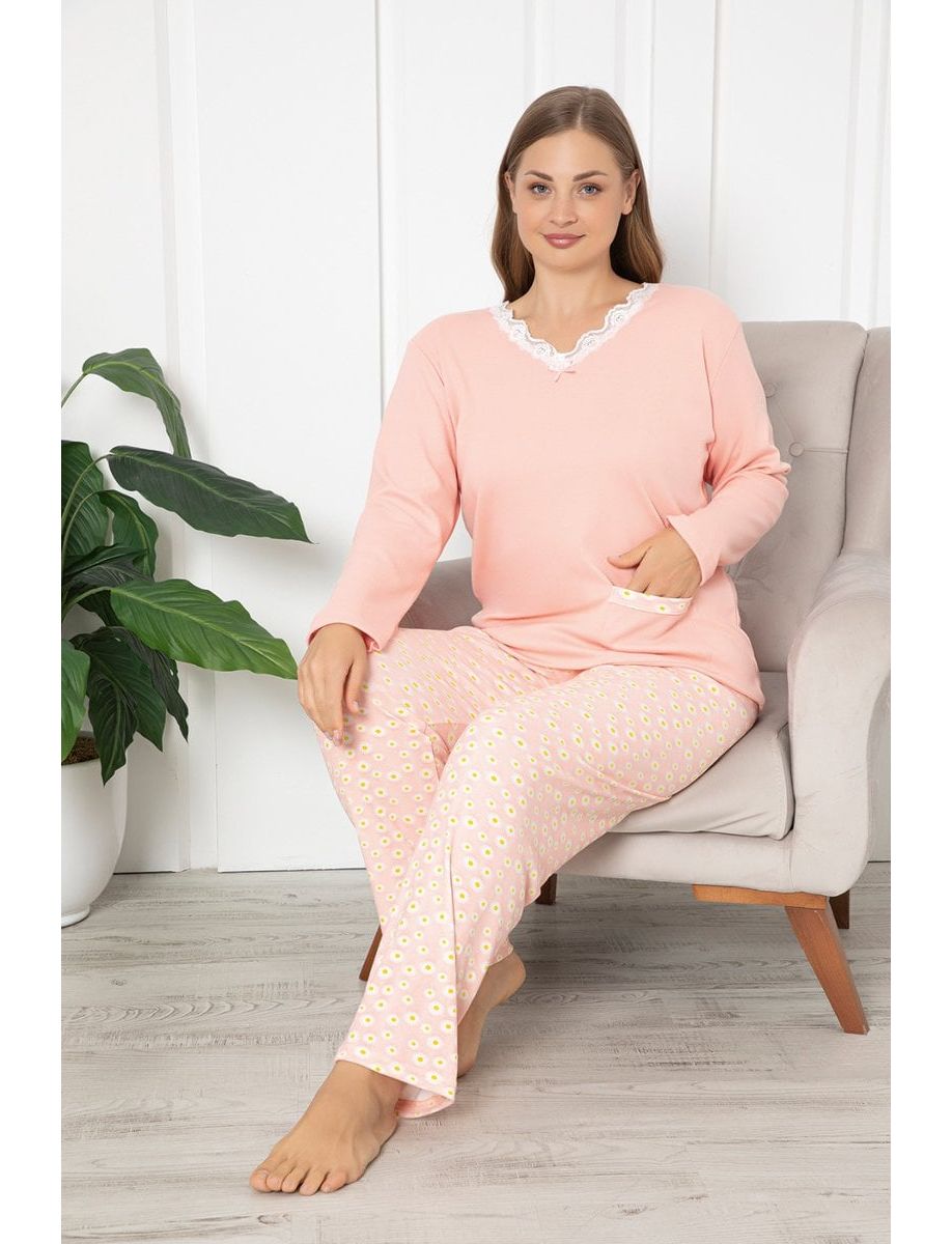 Pijama lunga, Berfin Interlok, cu model la gat, roz pal
