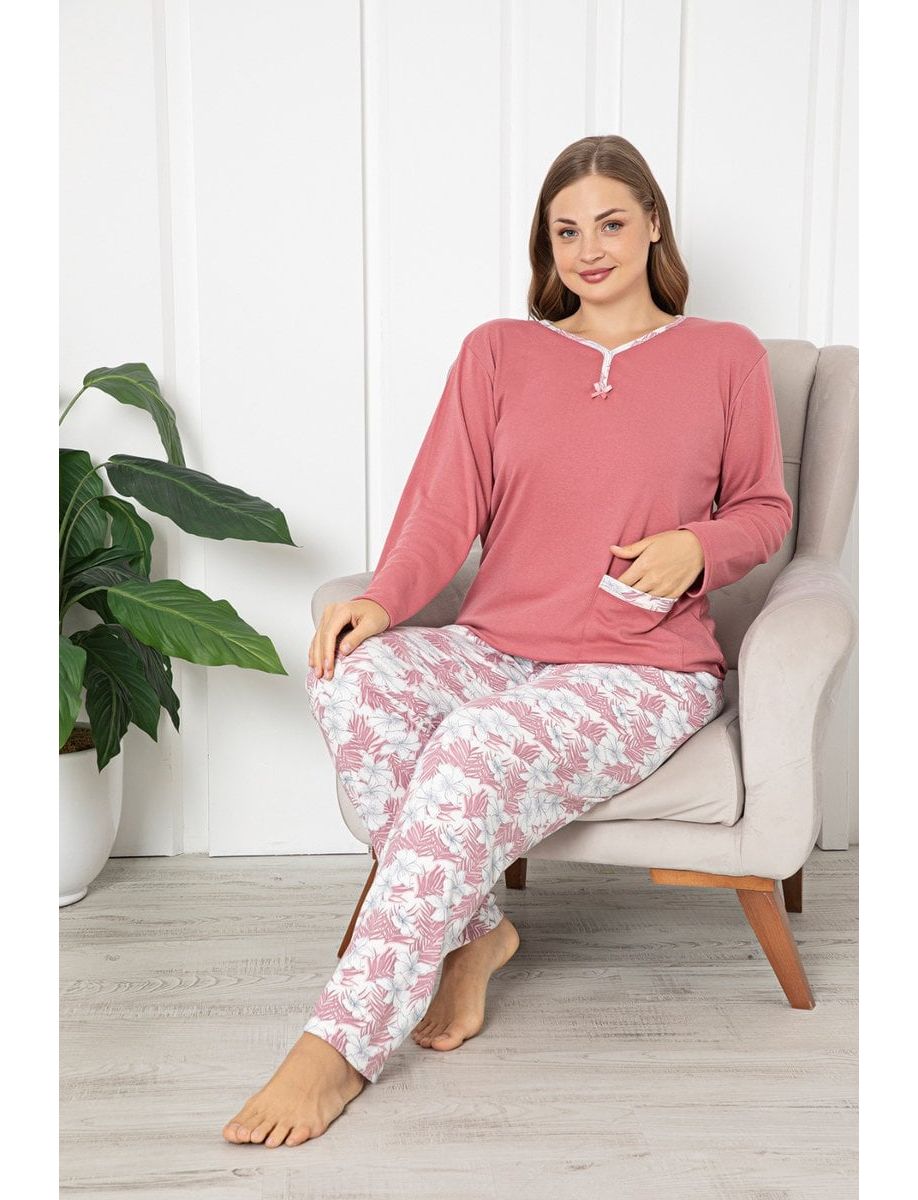 Pijama lunga, Berfin Interlok, cu model la gat, roz