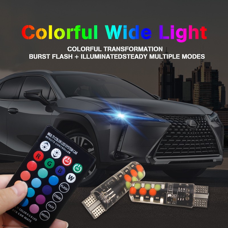 Set 2 LED-uri auto W5W T10, RGB multicolore, pentru pozitie, telecomanda